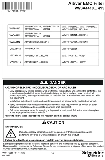 schneider施耐德Instruction sheet - Additional EMC input filter - VW3A4410 ... 415